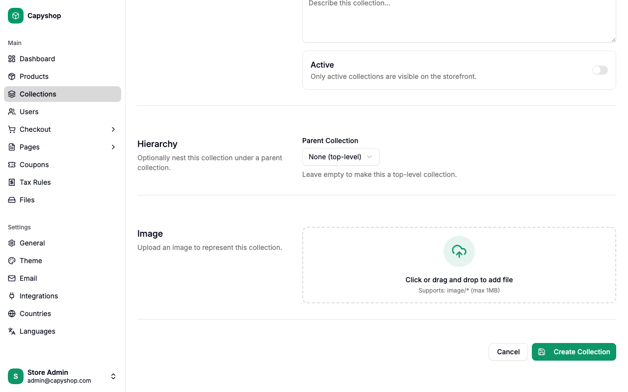 Create collection — hierarchy and image