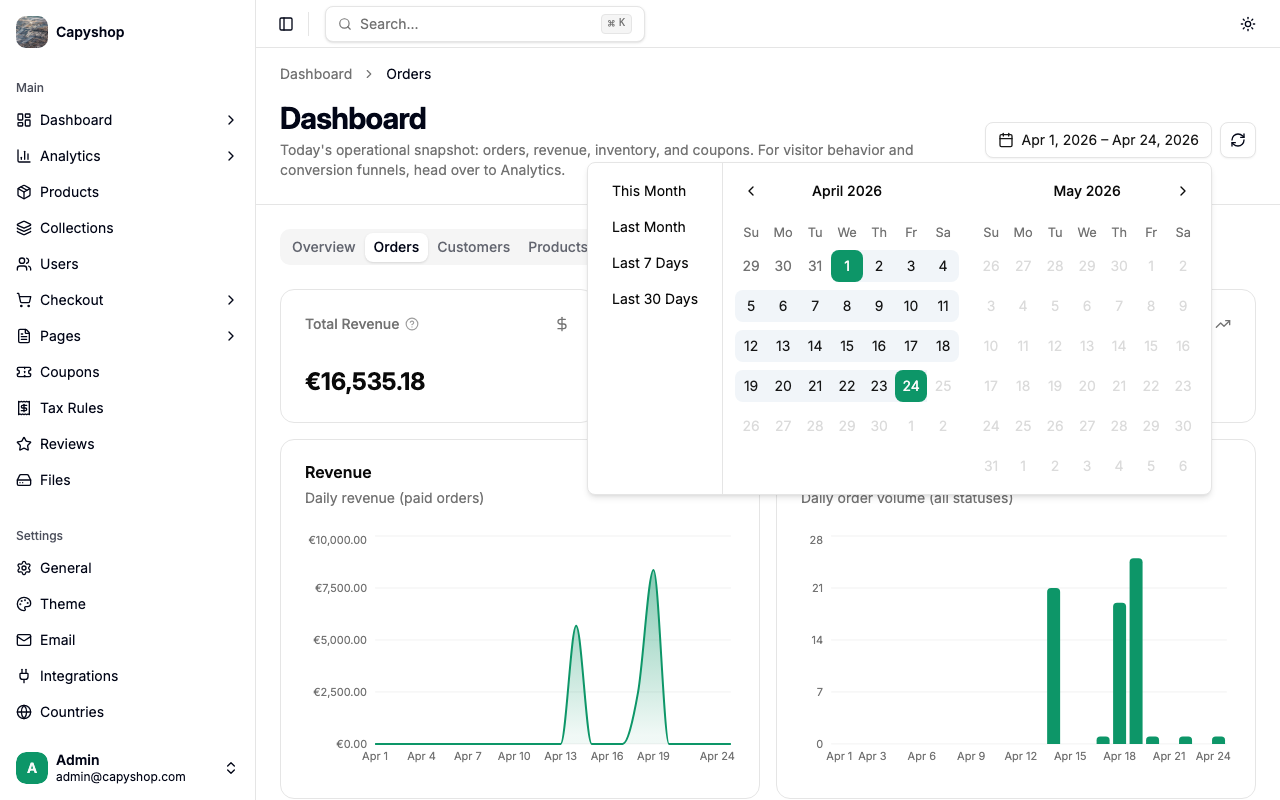 Date range picker on Orders tab