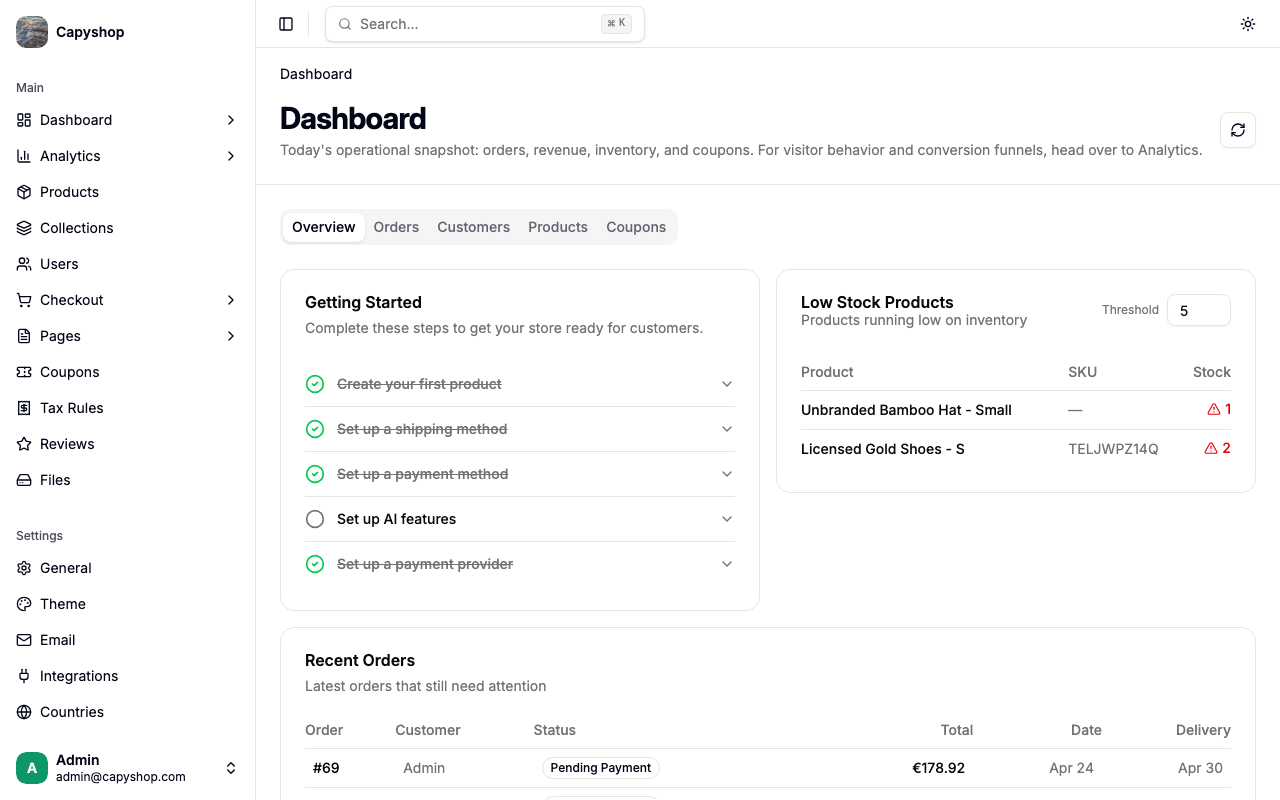 Dashboard overview with onboarding checklist, low stock, and recent orders