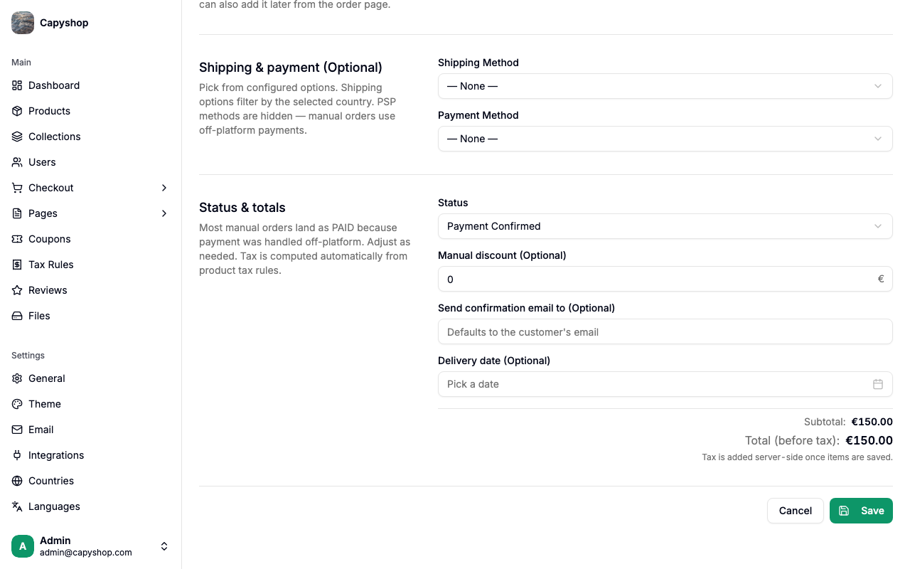 Create manual order — Shipping, payment, status