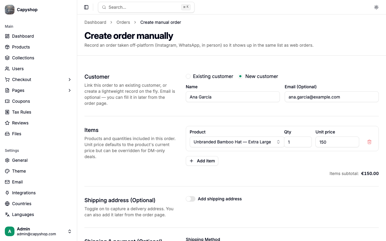 Create manual order — Customer and Items