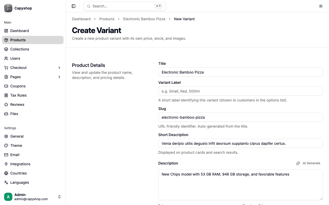 Create Variant form
