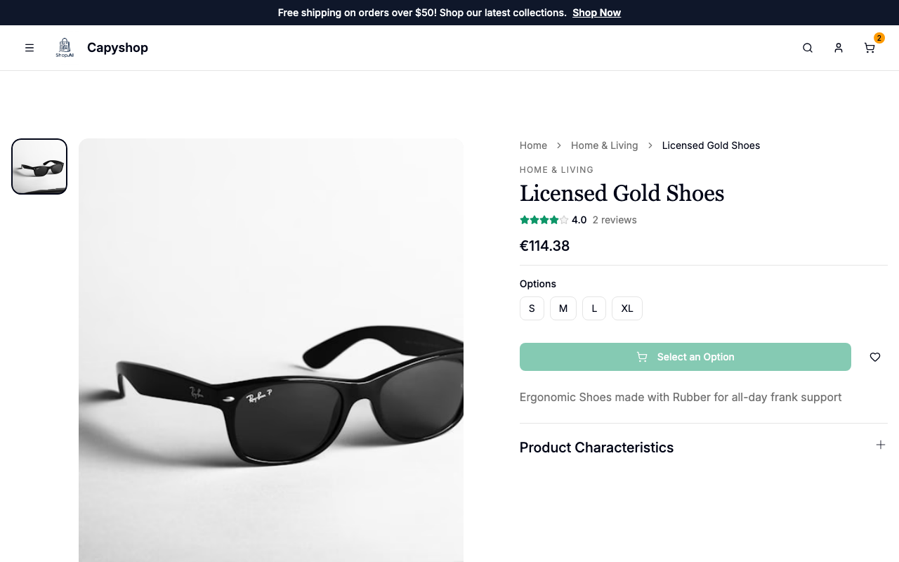 Product page showing variant chips and a disabled checkout button