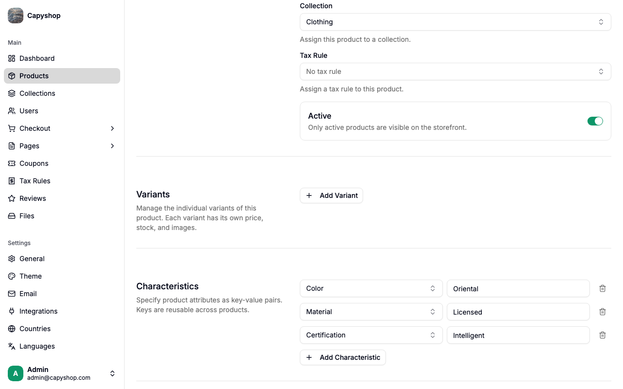 Variants section on a product without variants