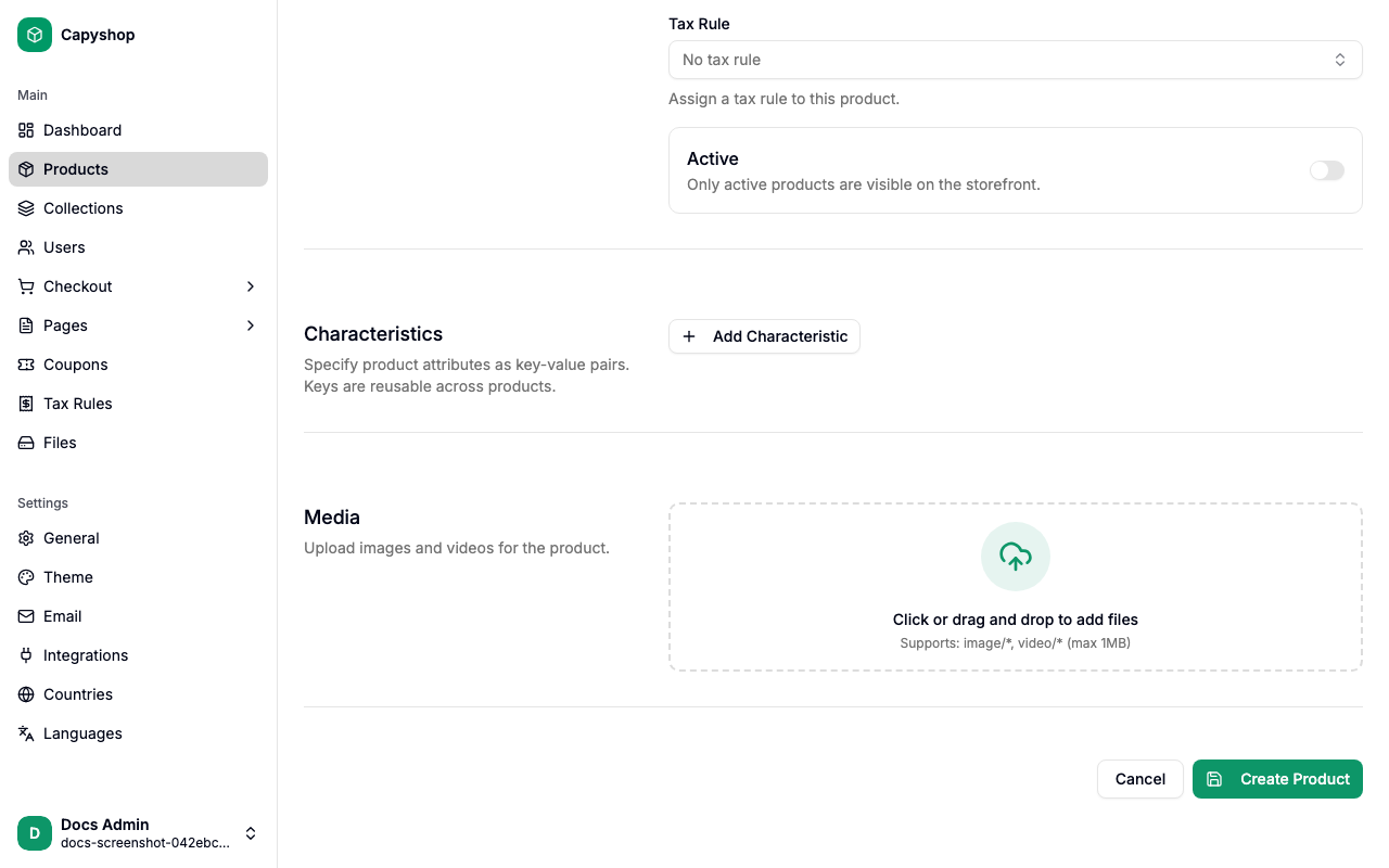 Create product — characteristics and media