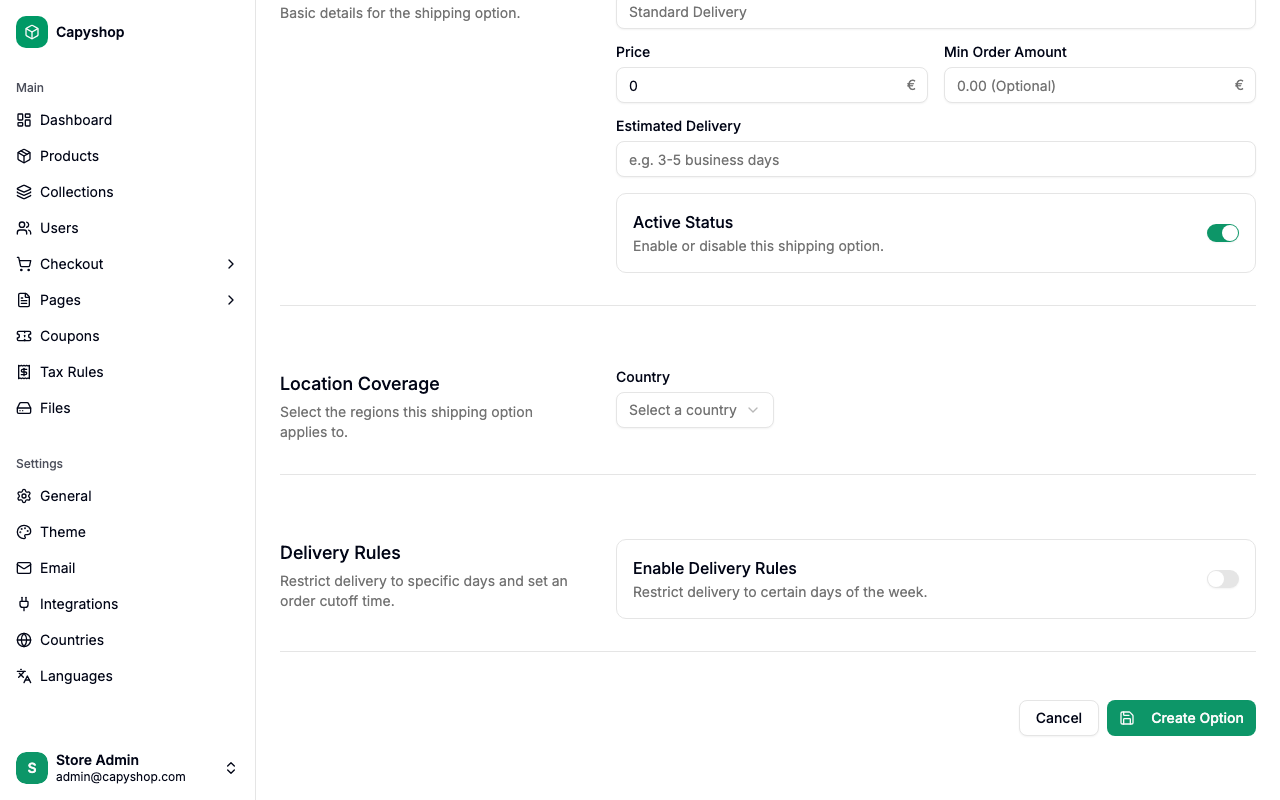 Create shipping option — delivery rules