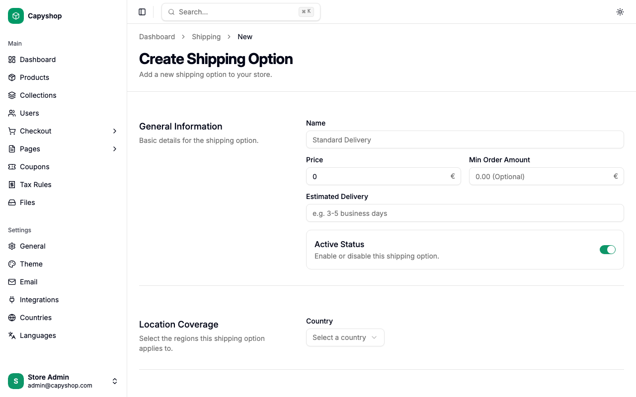 Create shipping option — general information and location