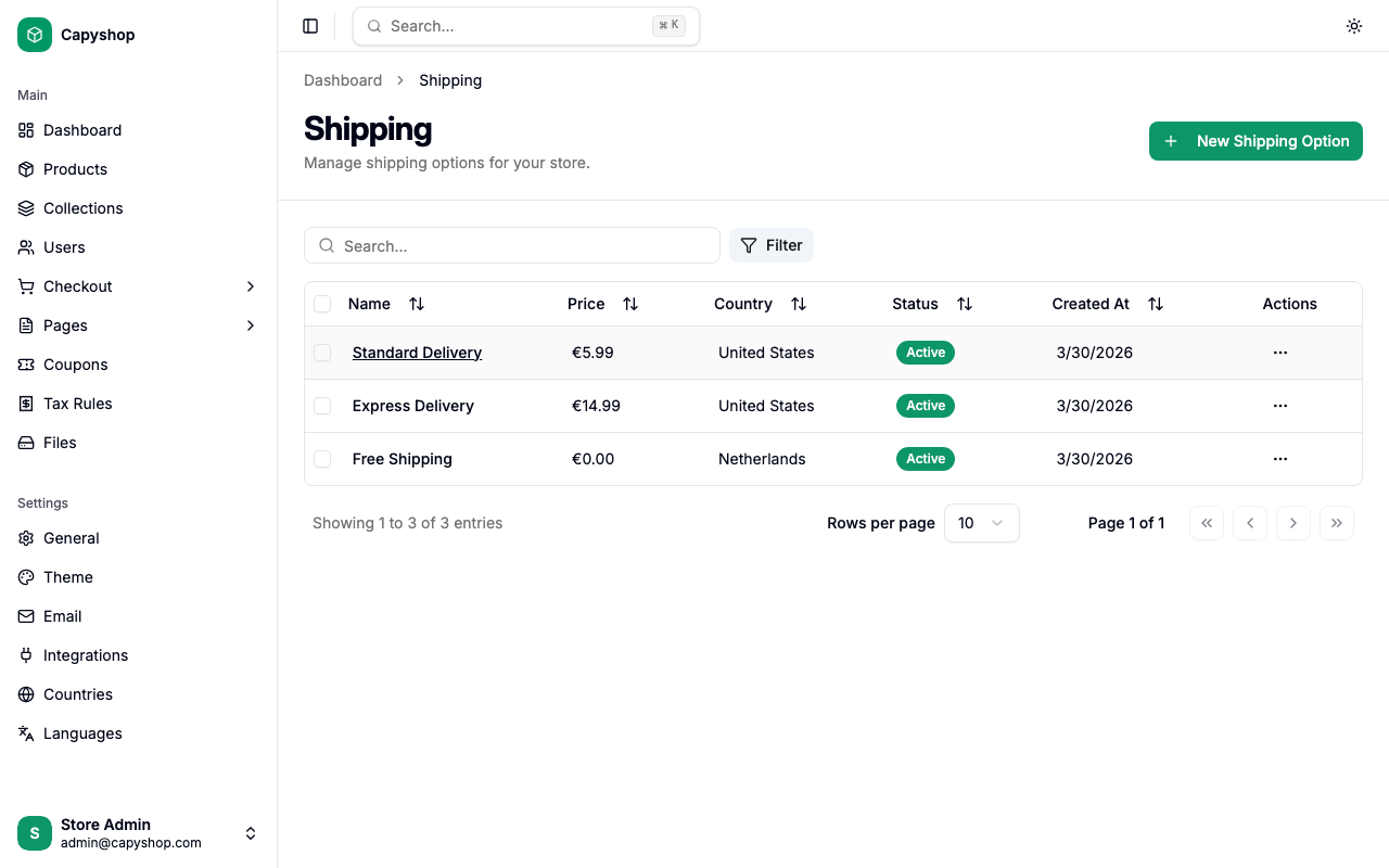 Shipping options list