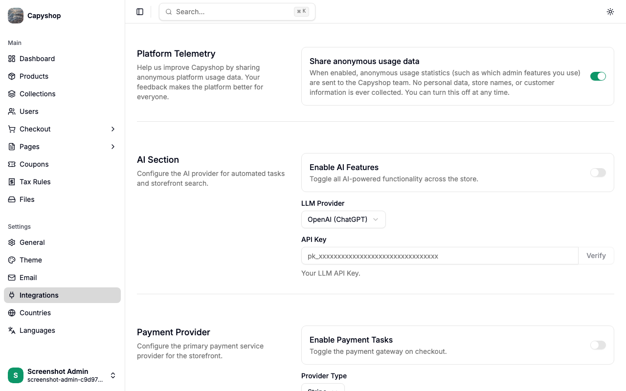 Integrations settings